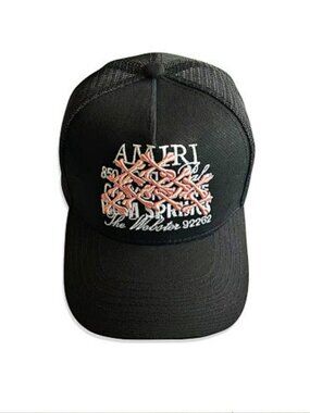 AMIRI Black Mesh Trucker Hat with Coral Embroidered Chain Logo